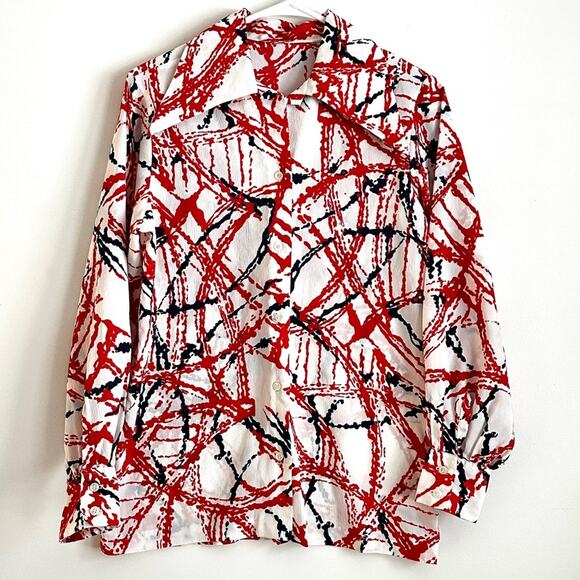 Vintage 70s homemade dagger collar paint splatter button down shirt womens M - Picture 1 of 10